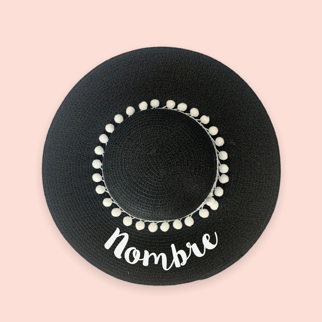 Sombrero playero negro personalizado texto blanco