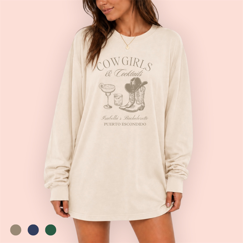 Playera manga larga oversize personalizada "cowgirls and cocktails"