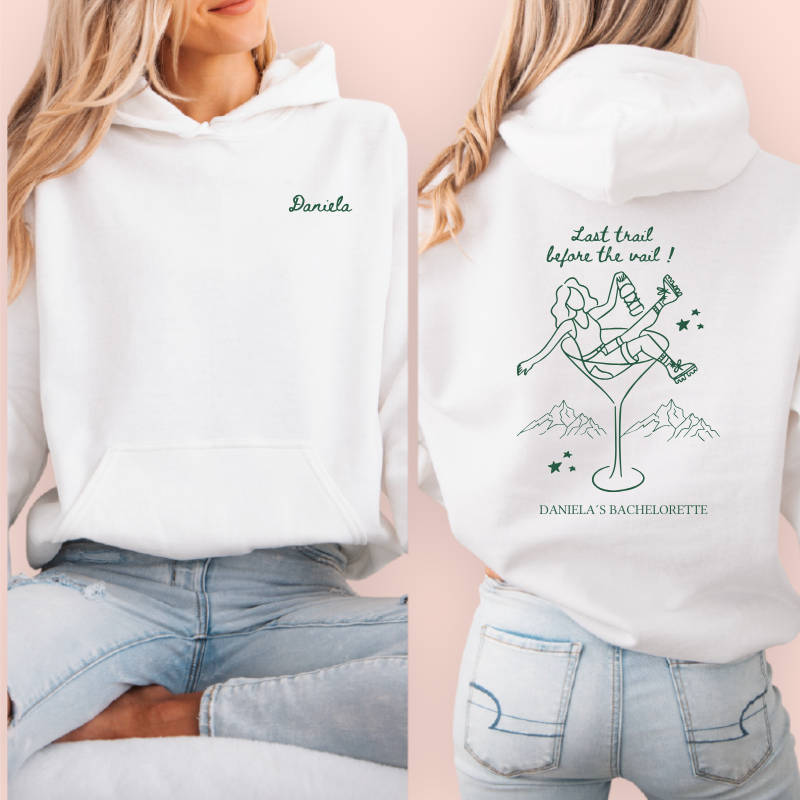 Sudadera blanca personalizada "Last trail before the vail"