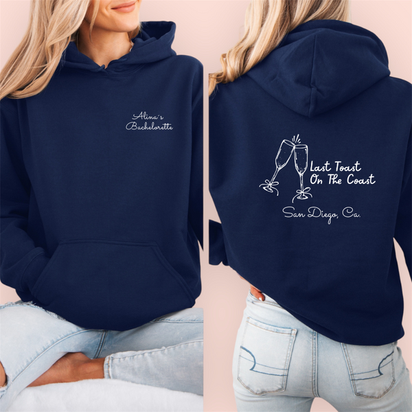 Sudadera azul marino personalizada "last toast on the coast"