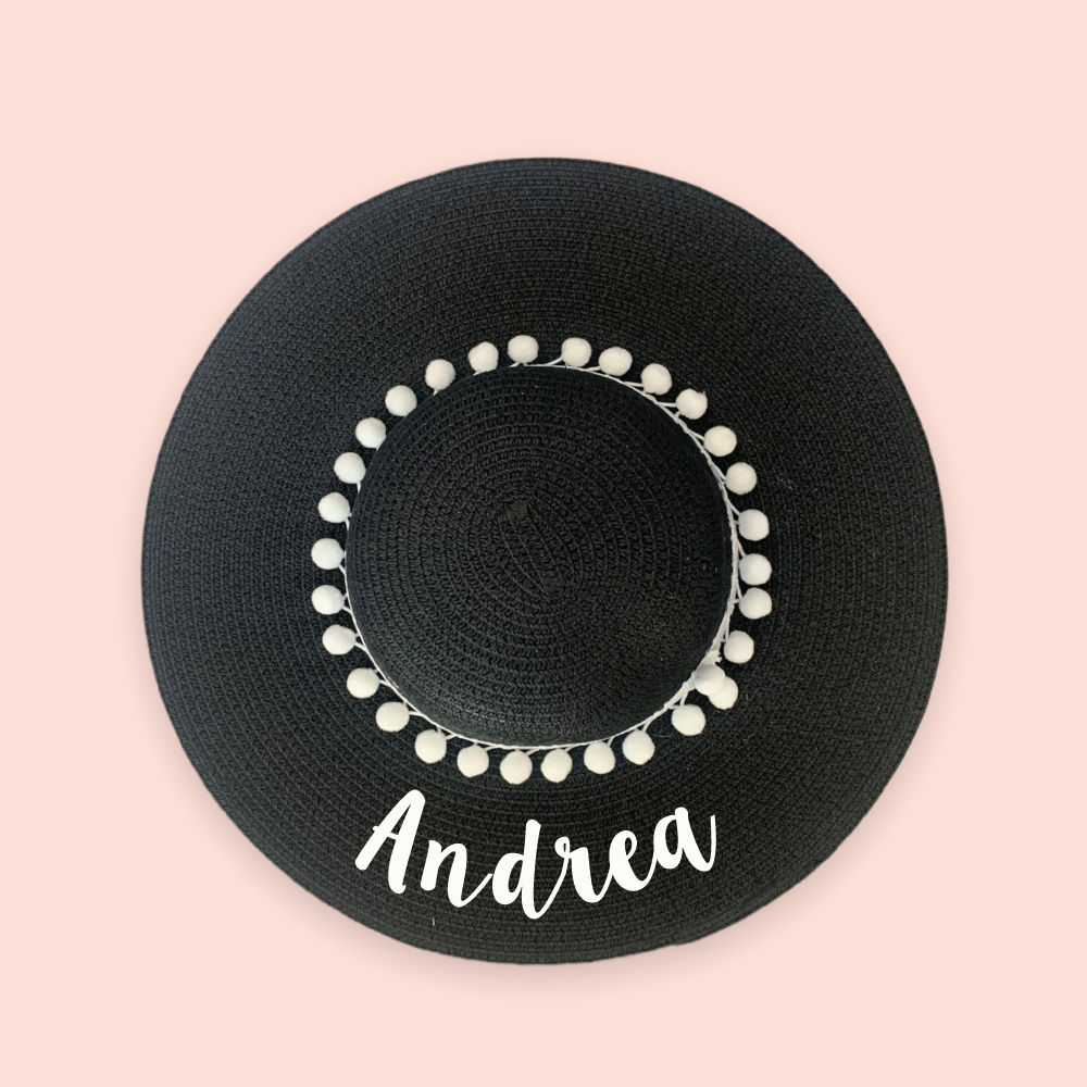 Sombrero playero negro personalizado texto blanco